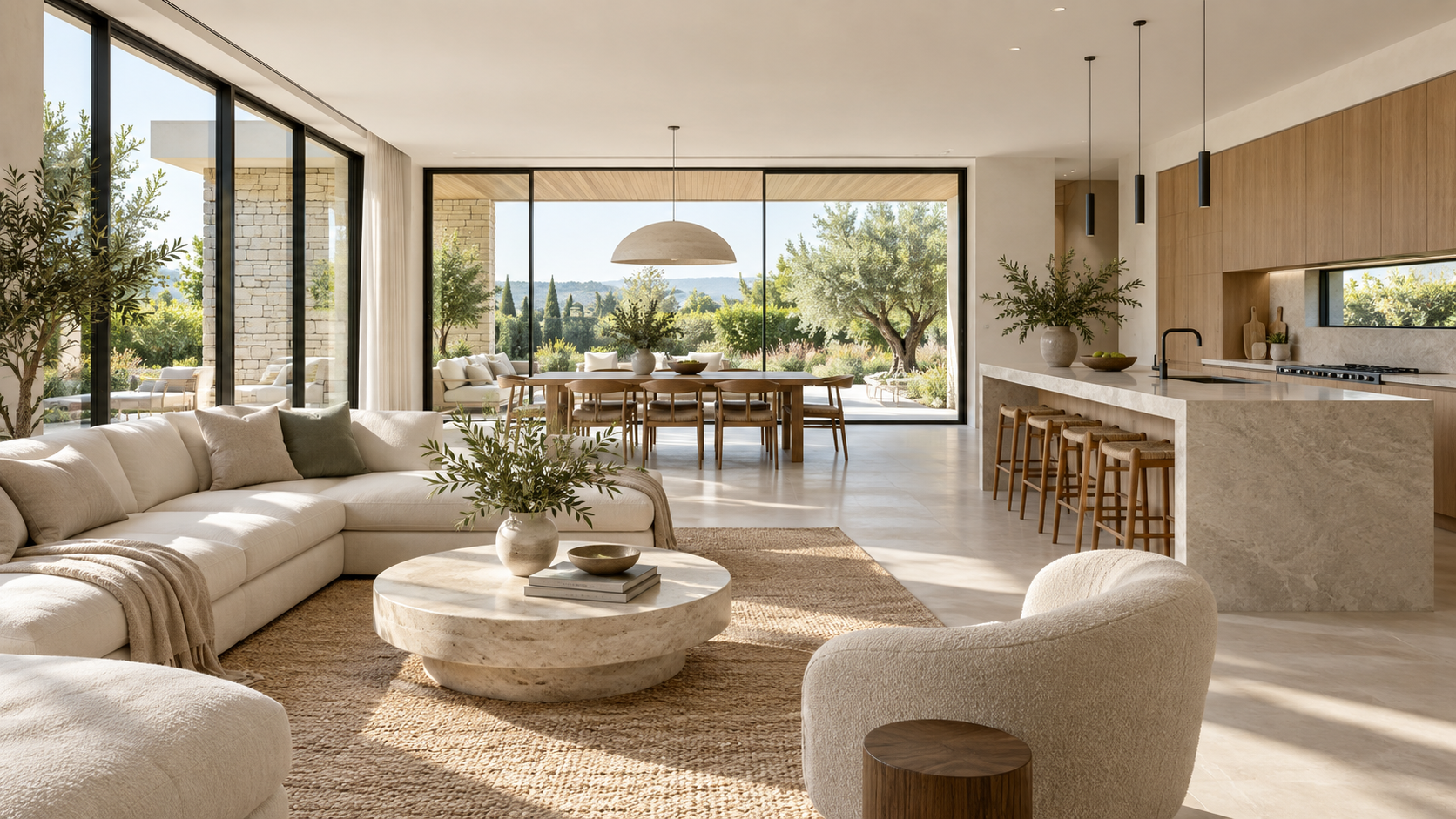 Illustrative contemporary interior with pale stone, oak and generous natural light