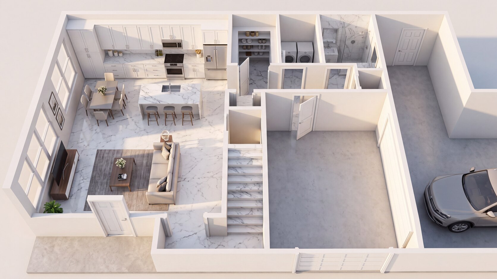 Renditect overhead architectural rendering showing a furnished living room and kitchen beside a garage