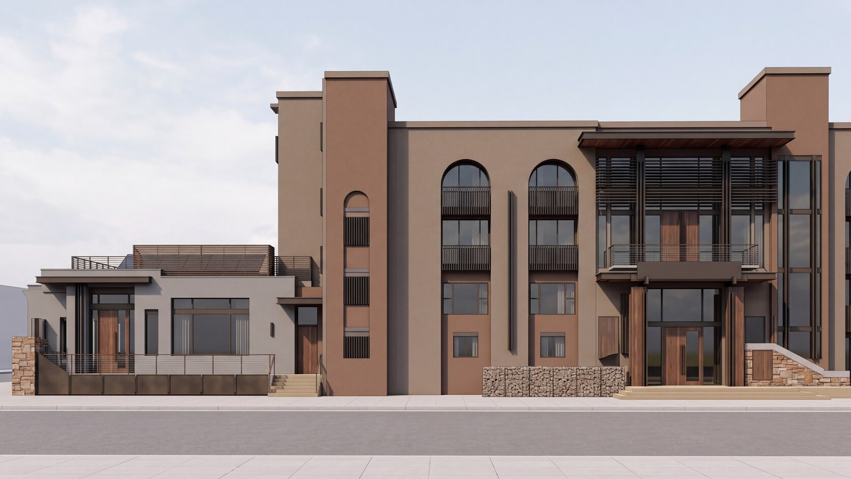 AI exterior rendering of a multi-story building with arched windows, balconies, dark screens and a stone base