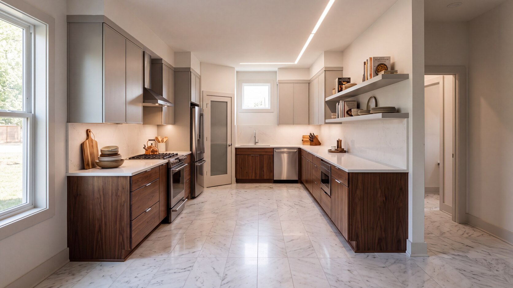 AI rendering of a bright kitchen with dark wood lower cabinets, pale upper cabinets, white counters and daylight
